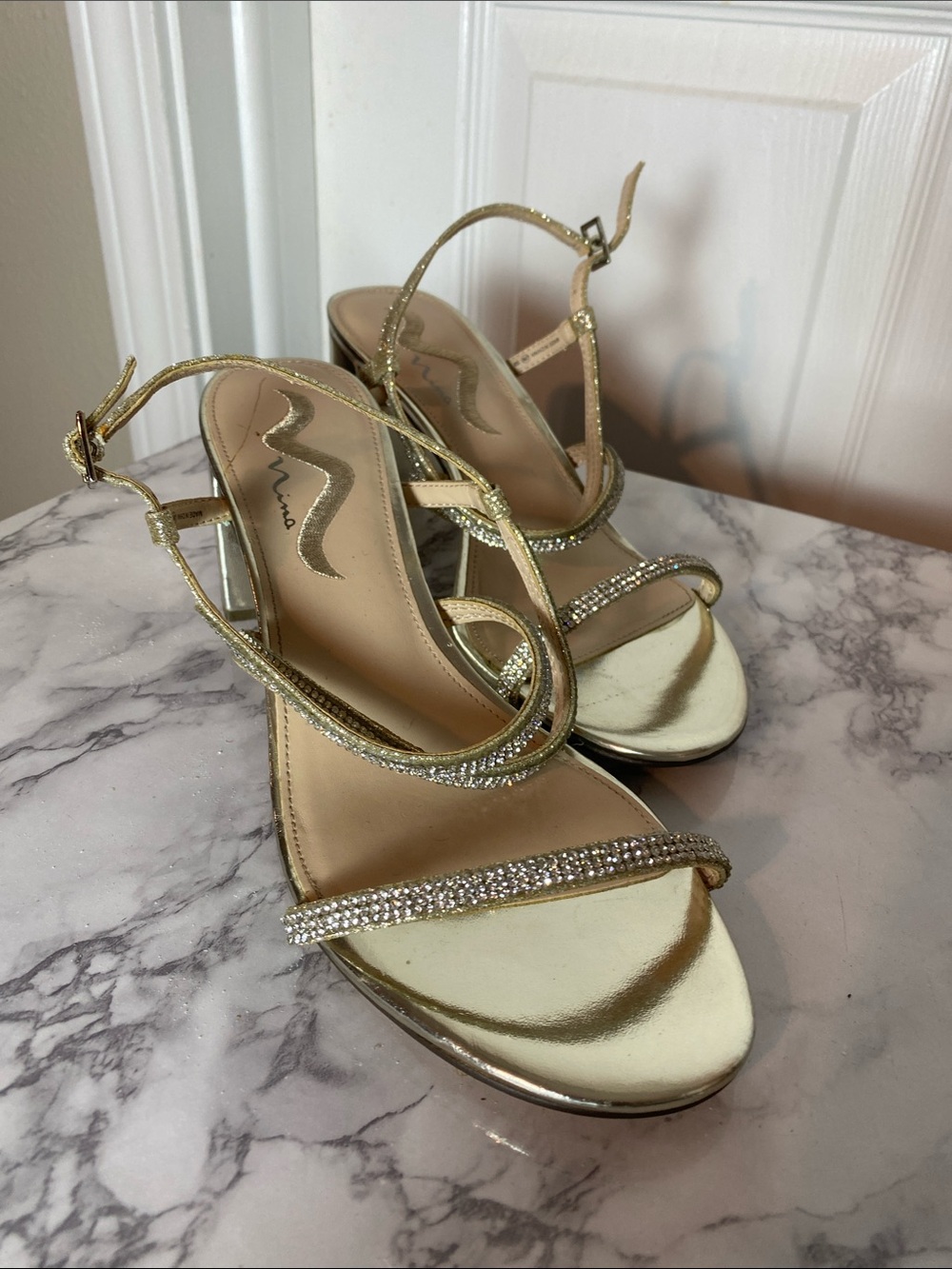 Nina Gold Rhinestone Strap Evening Block Heels Size 9M